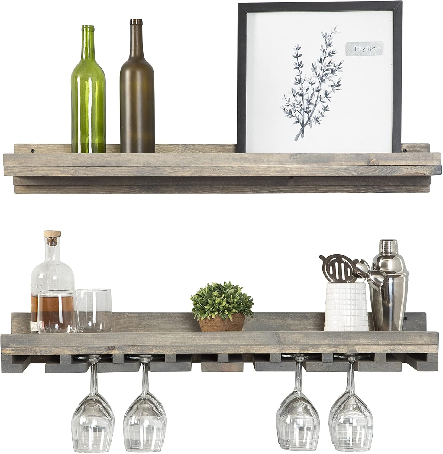 del Hutson Designs Rustic Luxe 24 Inch Real Wood Farmhouse Floating Wall Mounted Stemware Holder Rack and Wine Bottle Shelf Set, Grey Pack of 2