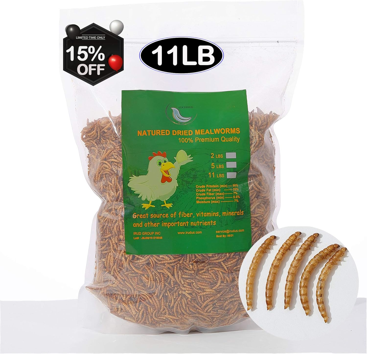 11 lbs Non-GMO Dried Mealworms for Wild Bird Chicken Fish,High-Protein,Large Meal Worms. Pack of 2