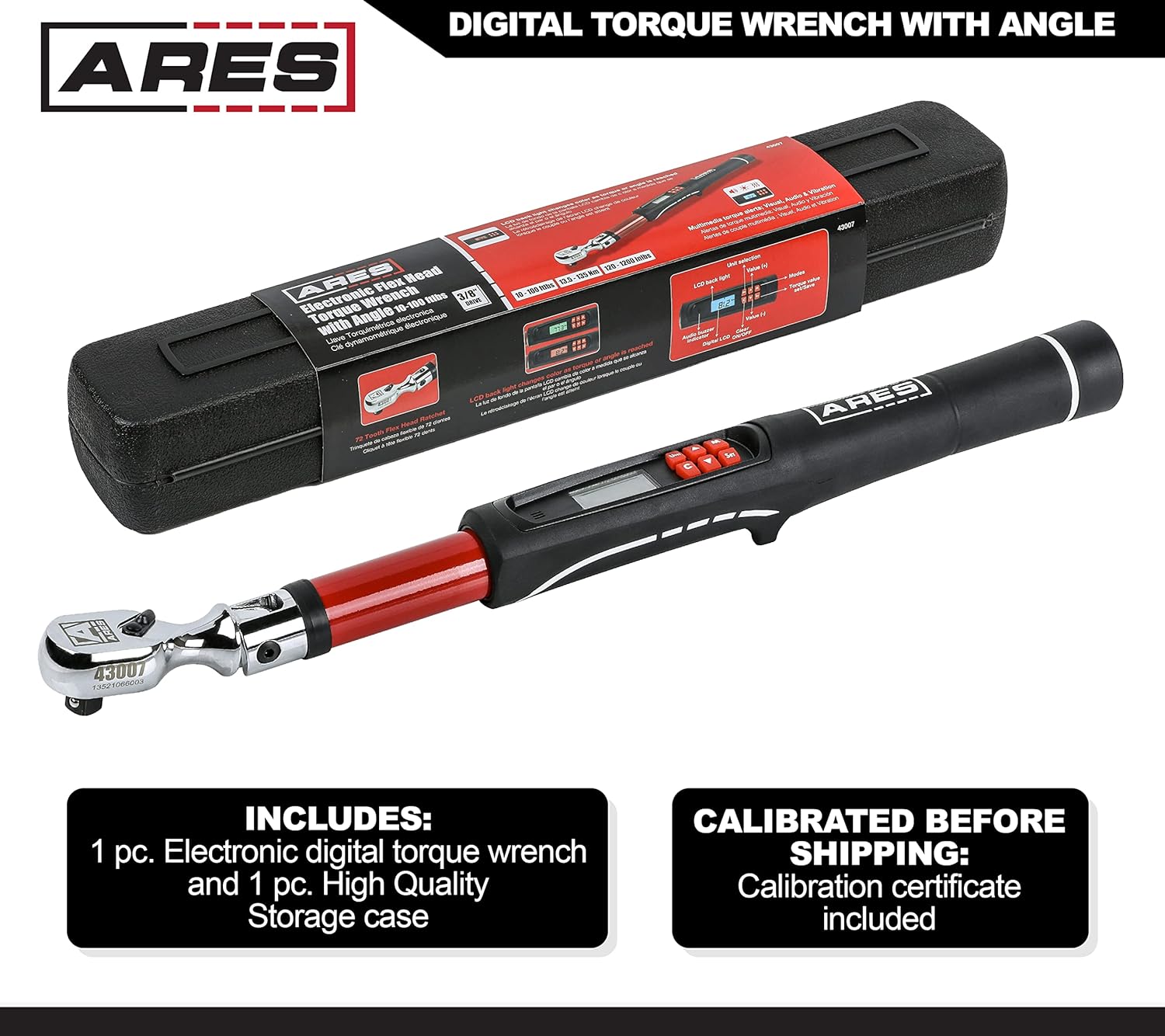 ARES 43007 - 3/8-Inch Drive Flex Head Electronic Digital Torque and Torque Angle Wrench - 10-100 ft/lbs (13.5-135Nm) - +/- 2% Accuracy - Reversible Thumb Switch - Multi-Alert Prevents Over-Torquing