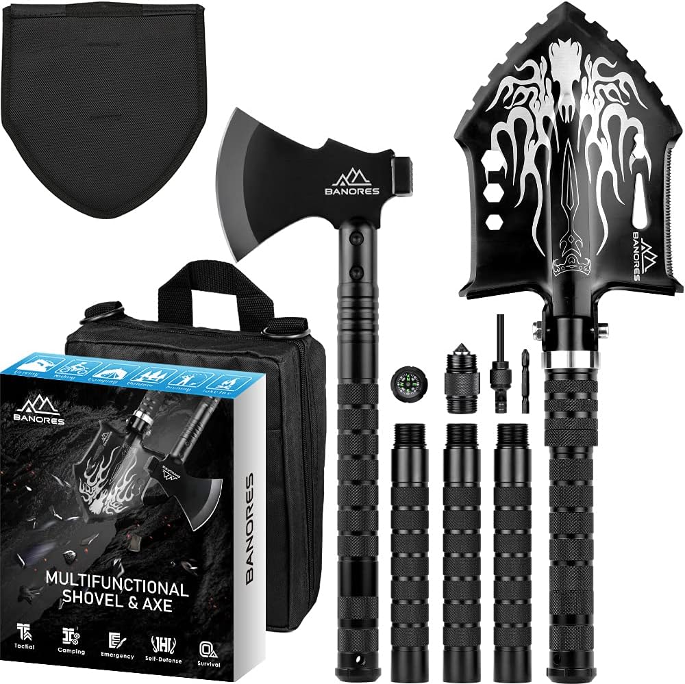 BANORES Camping Shovel 40.15-inch Survival Shovel Axe and Extended Handle Survival Axe High Carbon Stainless Steel with Storage Bag for Camping Hiking Backpacking Emergency