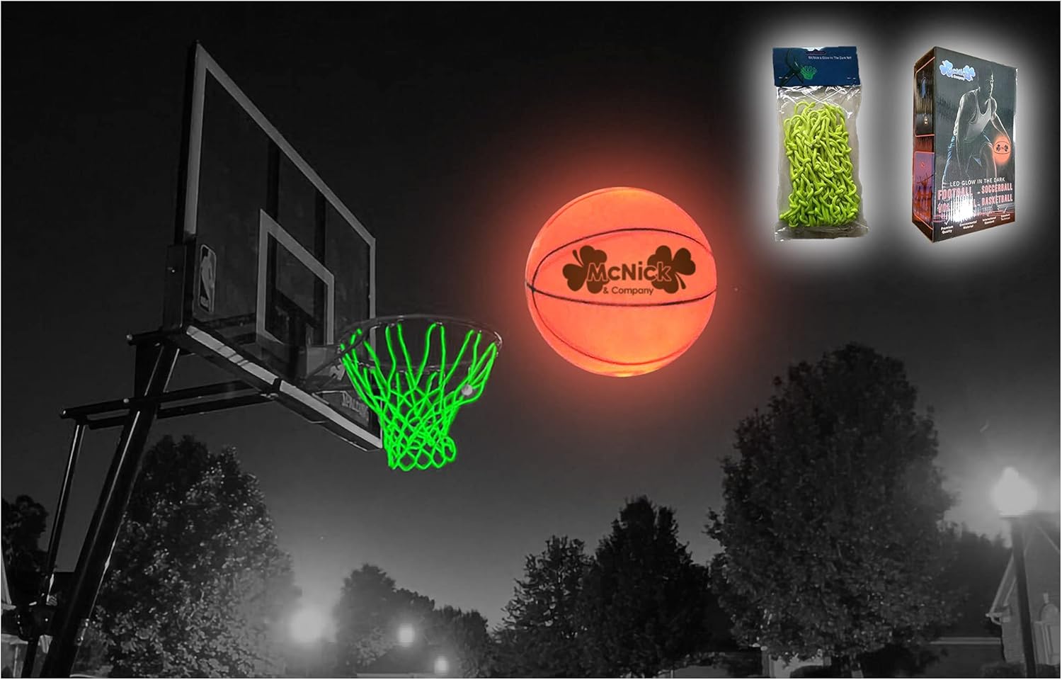 LED Glow in The Dark Basketball + NET - Pre-Installed 100 Hour Battery Included - Light up Basketball Net Hoop Pack of 2