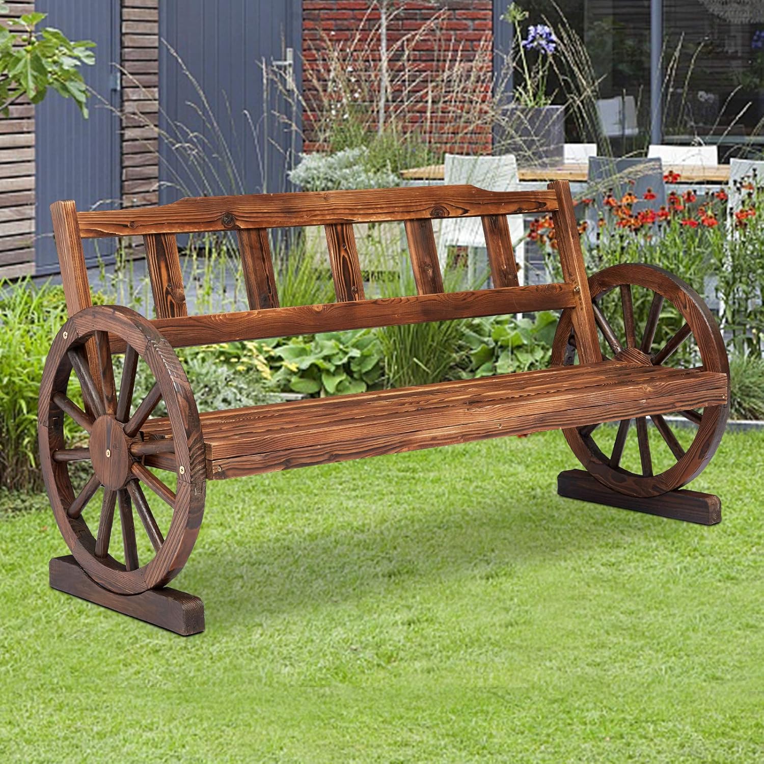 Rustic Outdoor Bench, Wooden Wagon Wheel Bench, 2 Person Outdoor Bench with Backrest for Front Porch Patio Outdoors