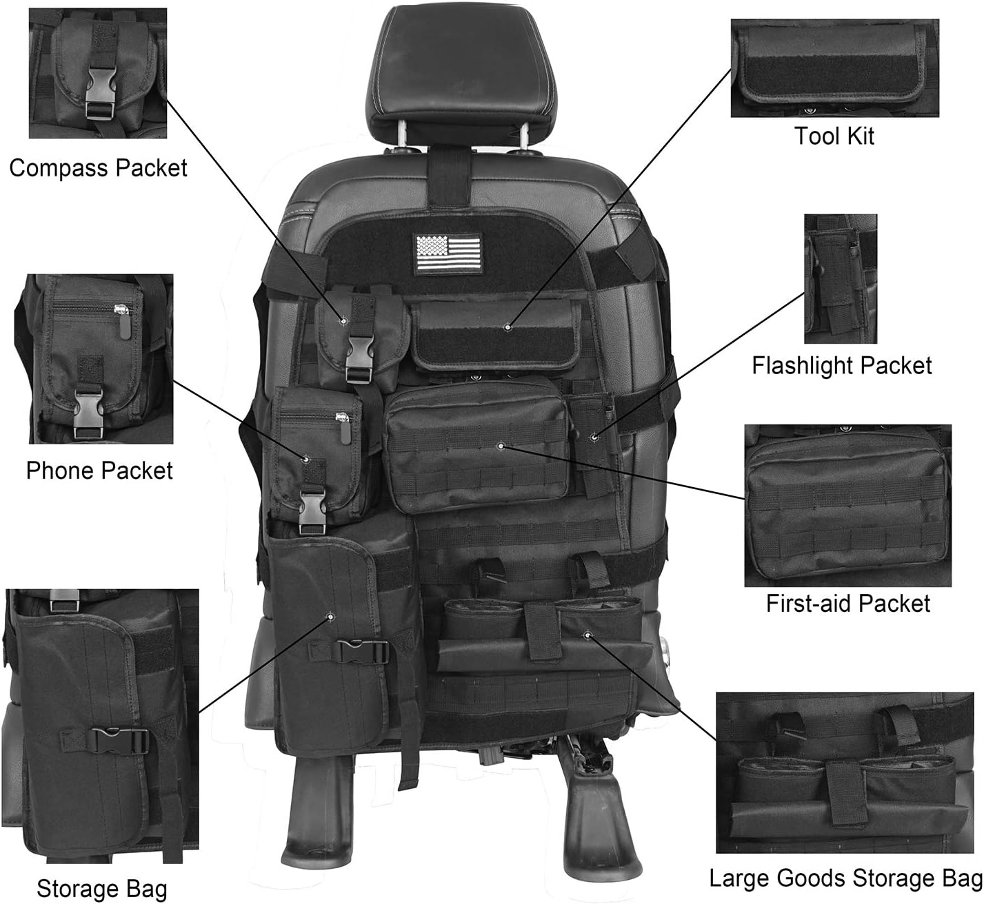 Hooke Road Interior Storage Bags Front Seat Cover Case with Organizer Multi Pocket Molle Pouch Bag for Jeep Wrangler YJ TJ JK JL Gladiator Tundra Tacoma F150 RAM P/U Trucks - Molle Seat Back Organizer