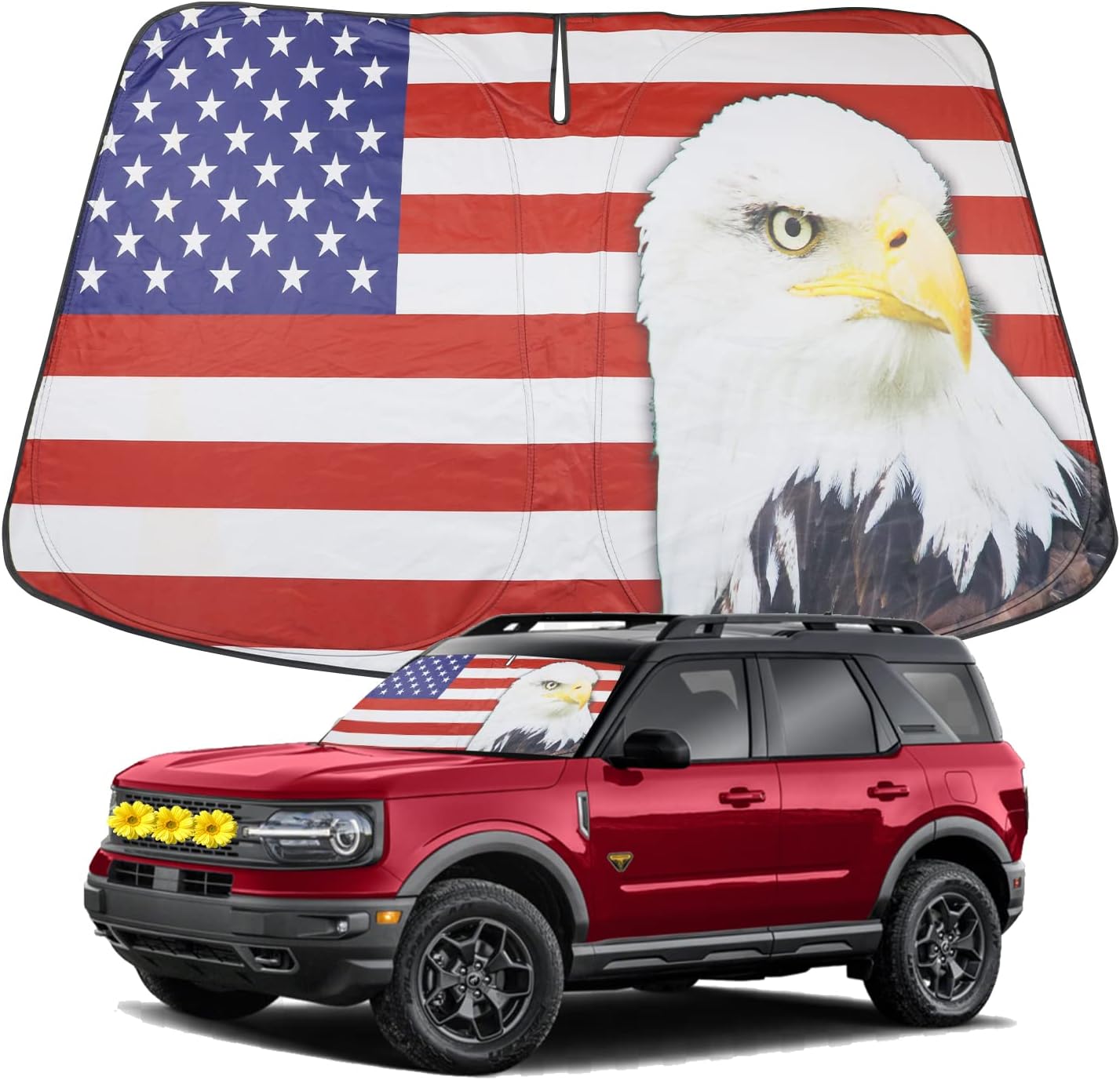 CDEFG Car Windshield Sun Shade for 2021 2022 Fo*rd Bronco Sport Accessories Sunshade with American USA Bald Eagle Flag Sun Shield for Front Window with Storage Pouch UV Rays and Sun Heat Protection