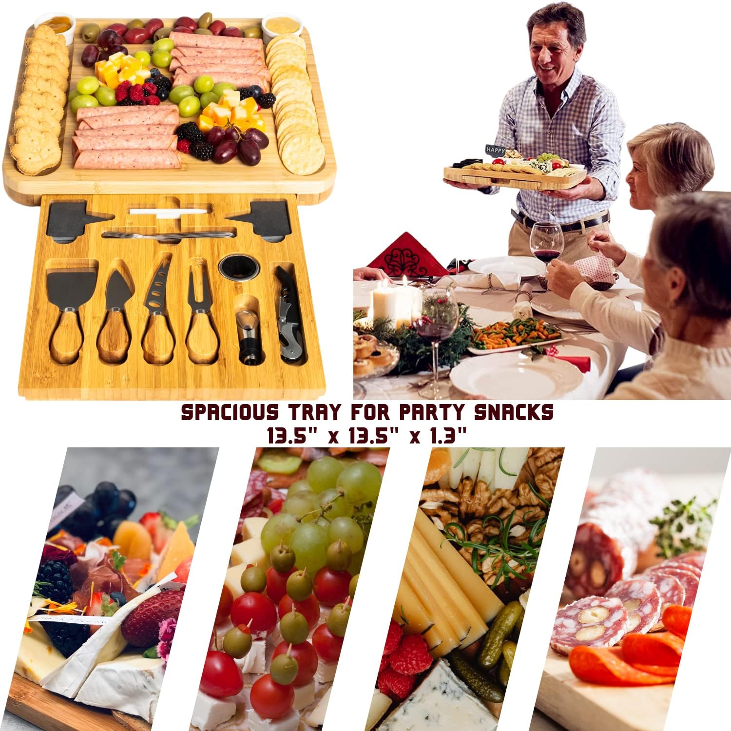 Luxury Bamboo Cheese Board - Charcuterie Board Set for Grazing & Wine Tasting, Cheese Board Set: Unique Housewarming Gift, Wedding & Anniversary Gift for Couple, Thanksgiving and Christmas Gift Pack of 2