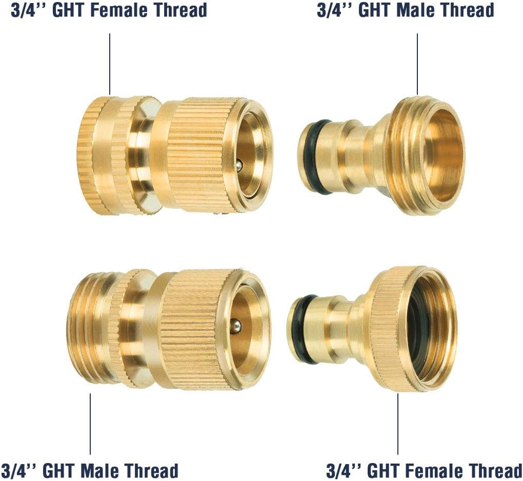 8PCS Garden Hose Quick Connector, 3/4 inch GHT Solid Brass Water Hose Thread Fittings, Easy Connect & Disconnect Adapters, Male and Female(2+2 Pairs) Pack of 2