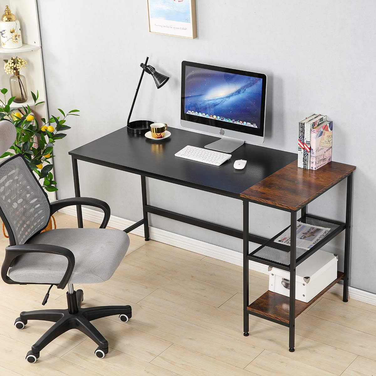 YOLENY Industrial Computer Desk with Storage Shelves,55 inch Modern Sturdy Writing Desk,PC Table with Grid Drawer,Home Office Desk Workstation for Home Office,New Vintage Pack of 2