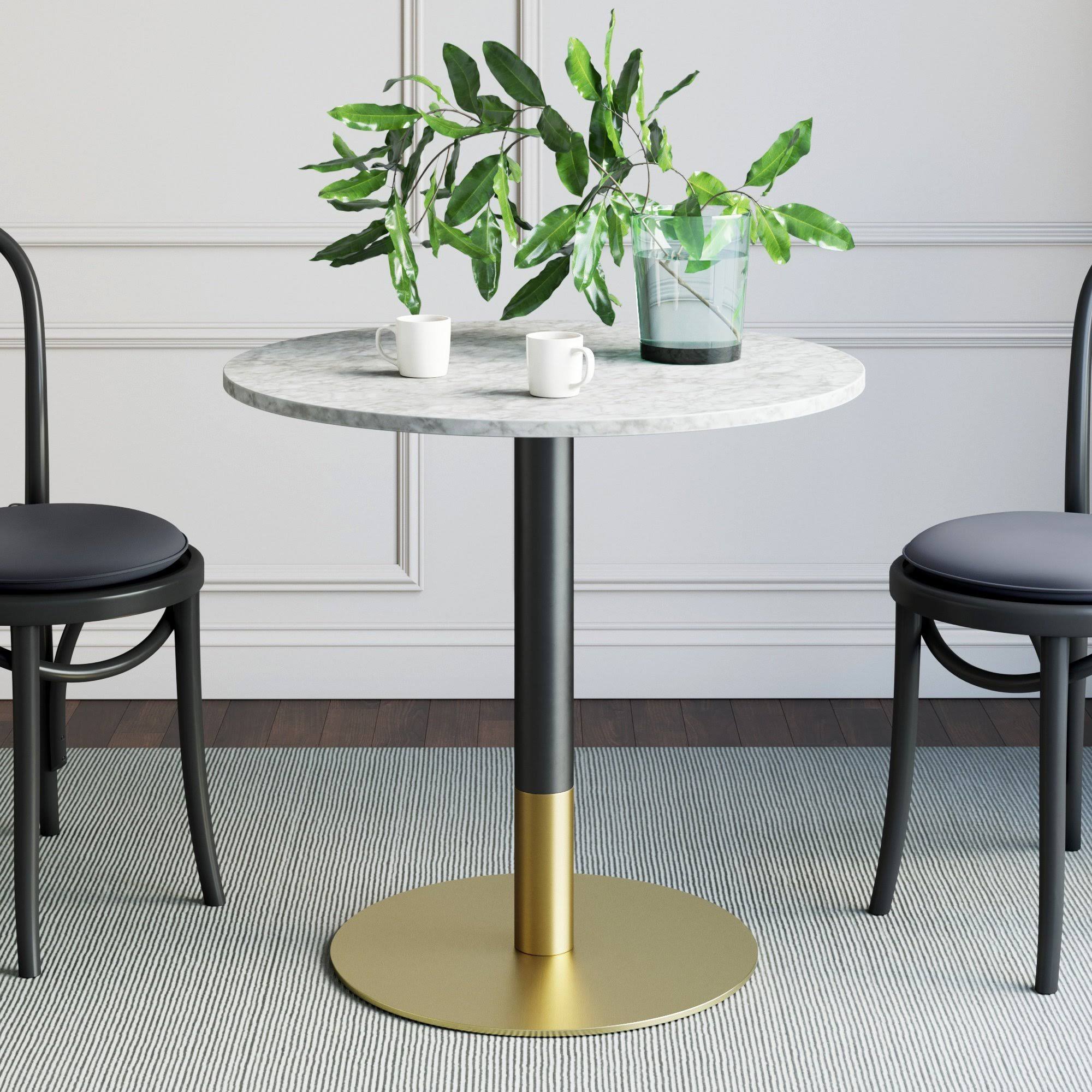 Nathan James Lucy White Carrara Faux Marble Table Top with Black and Gold Pedestal Base Modern Kitchen or Dining Table