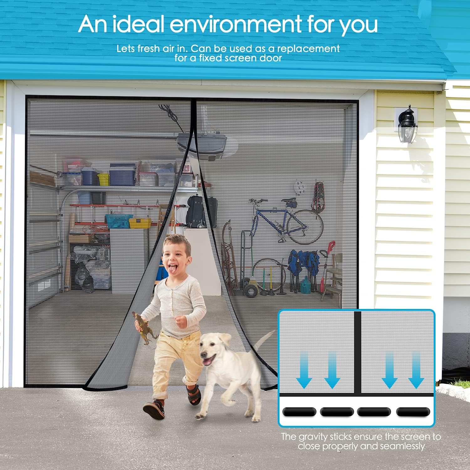 AURELIO TECH Magnetic Garage Door Screen for 1 Car 9x7 ft Single Garage Door Mesh Screen Curtain Cover Kit with Hook and Loop, Black (GSD-0009-07)