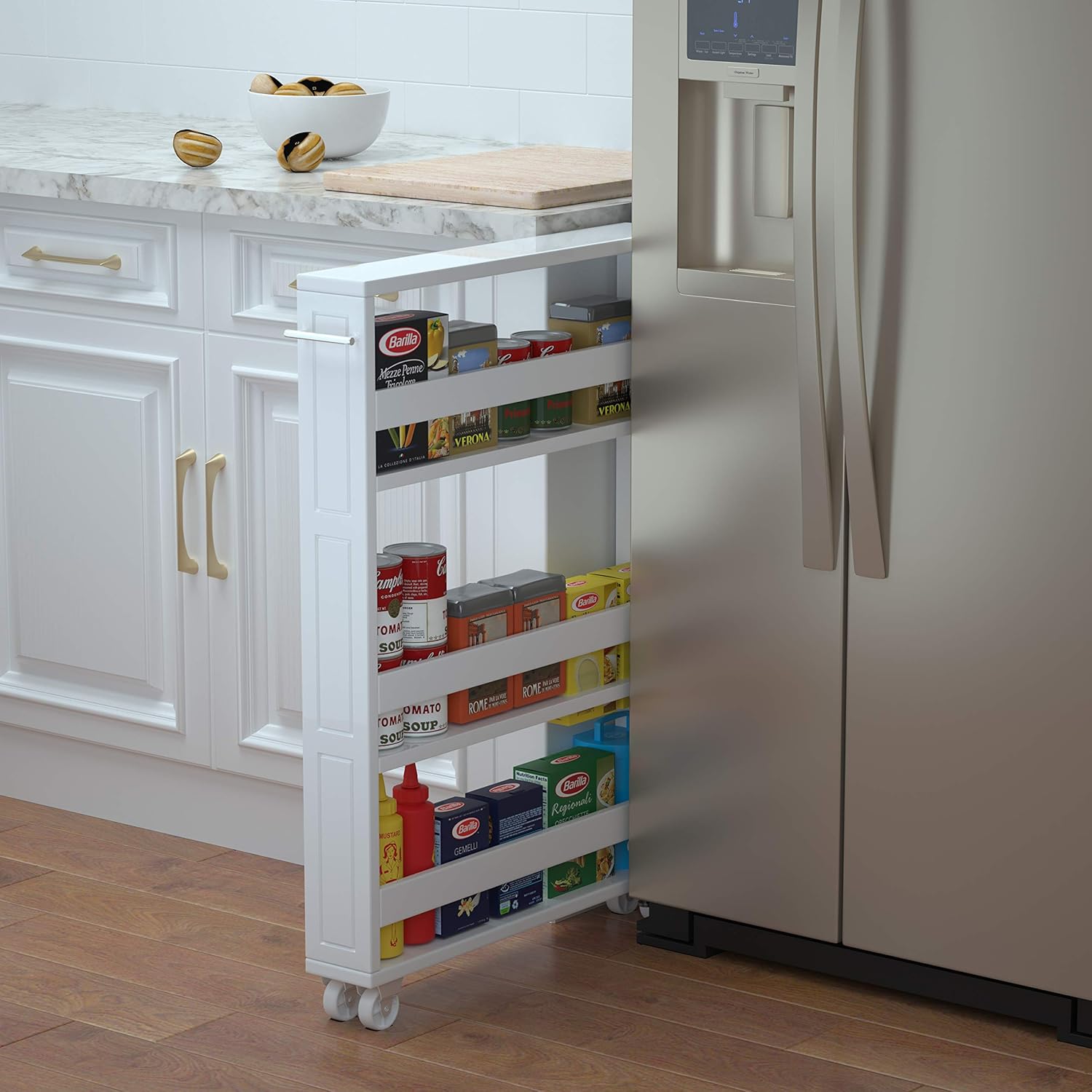 MUSEHOMEINC Compact Space Kitchen Pantry,3-Tier Kitchen Removable Storage Cart, Slim Slide Out Rolling Pantry Shelf for Narrow Spaces