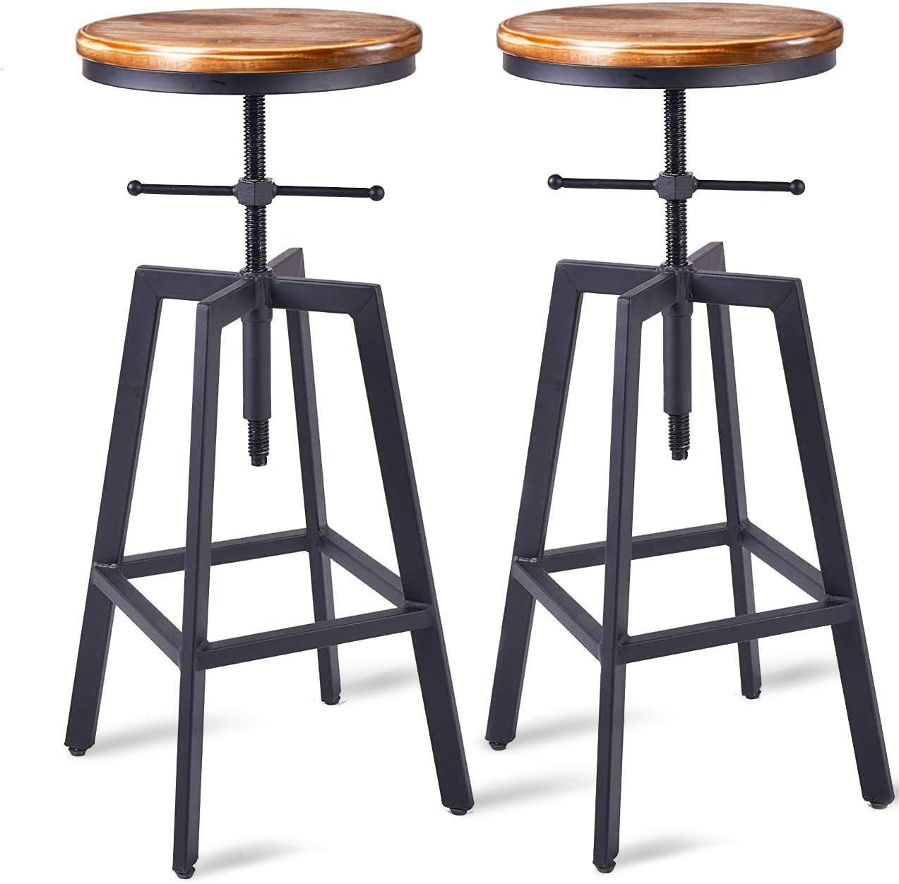 Diwhy Industrial Bar Stools,Kitchen Dining Chair,Wood Top Stool,Adjustable Height Swivel Counter Height Bar Chair with Metal Backrest,Black,Fully Welded Set of 2 (Brown Wooden Top with Iron Backrest)