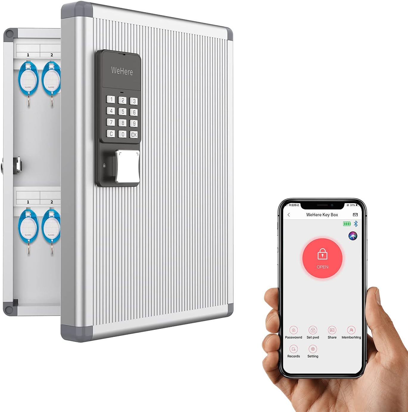 WeHere Key Box with Banking One-Time Password Technology,Key Box Wall Mount(32position) with Code keypad,Key Lock Box Organizer,App Remote Unlock,Password Unlock,Bluetooth Unlock, 6 Unlock Modes Pack of 2