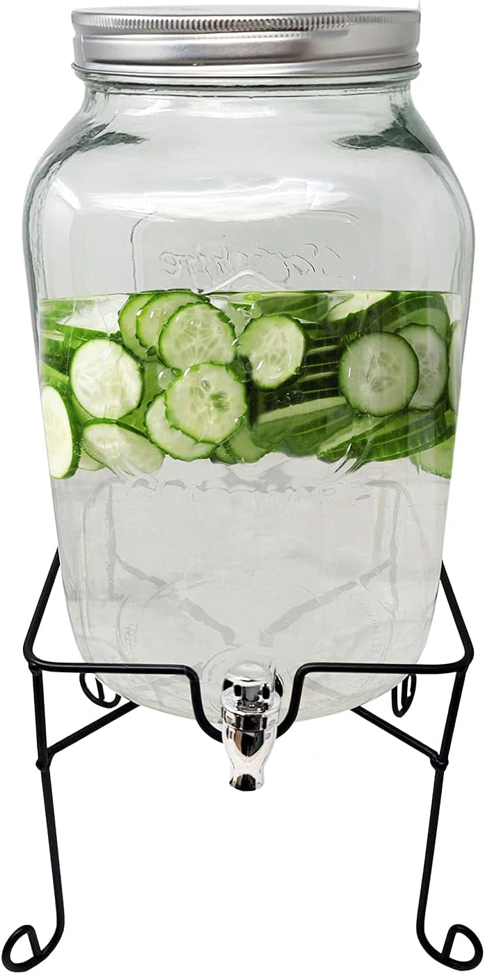 Beverage Dispenser 2 Gallon Glass Mason Jar with Metal Stand for Water, Juice, Beer Wine Sangria, Kombucha & Cold Drinks Pack of 2