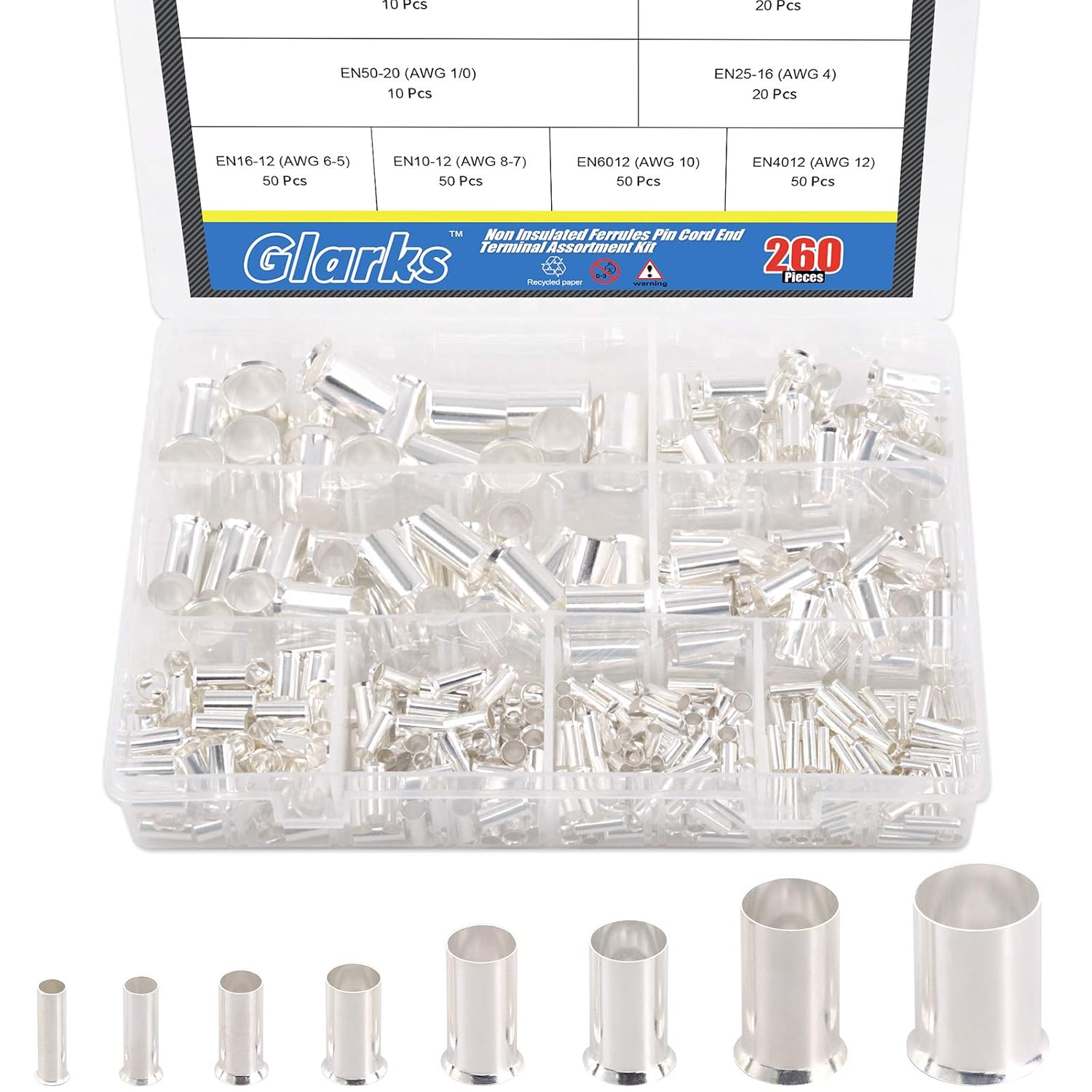 Glarks 260Pcs 8 Sizes AWG 12 10 8 6 4 2 1 2/0 Wire Ferrules Kit Silver Plated Copper Crimp Connector Non Insulated Ferrules Pin Cord End Terminals Assortment Kit Pack of 2