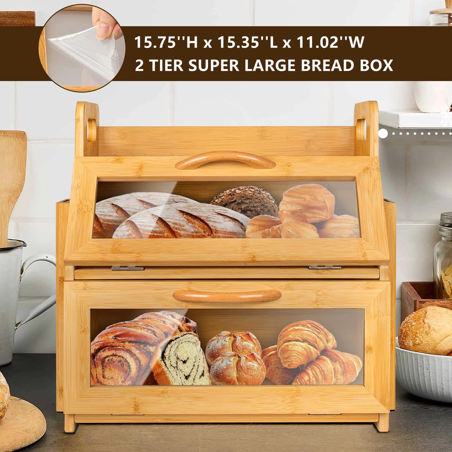 2 Layer Bamboo Wood Bread Box, Dorpu Large Capacity Kitchen Countertop Bread Storage Container with Tool Holder Blocks, Handles and Window for Homemade Bread(15.35