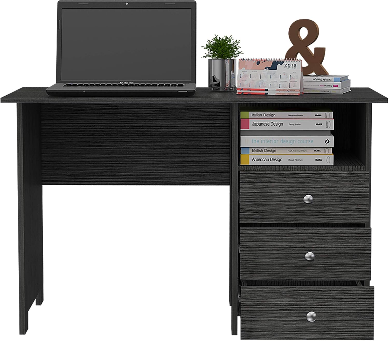 FM Furniture Computer Desk, Office Desk Writing Station with Three Spacious Drawers and One Storage Shelf - Gray Oak