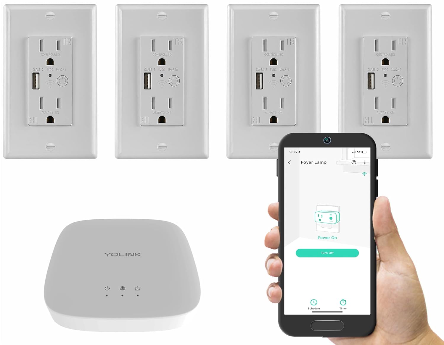 Smart Wall Outlets, YoLink 1/4 Mile World's Longest Range in-Wall Outlet Compatible with Alexa Google Assistant IFTTT, App Remote Timer Schedule Control Smart Wall Plug 4 Pack, YoLink Hub Included