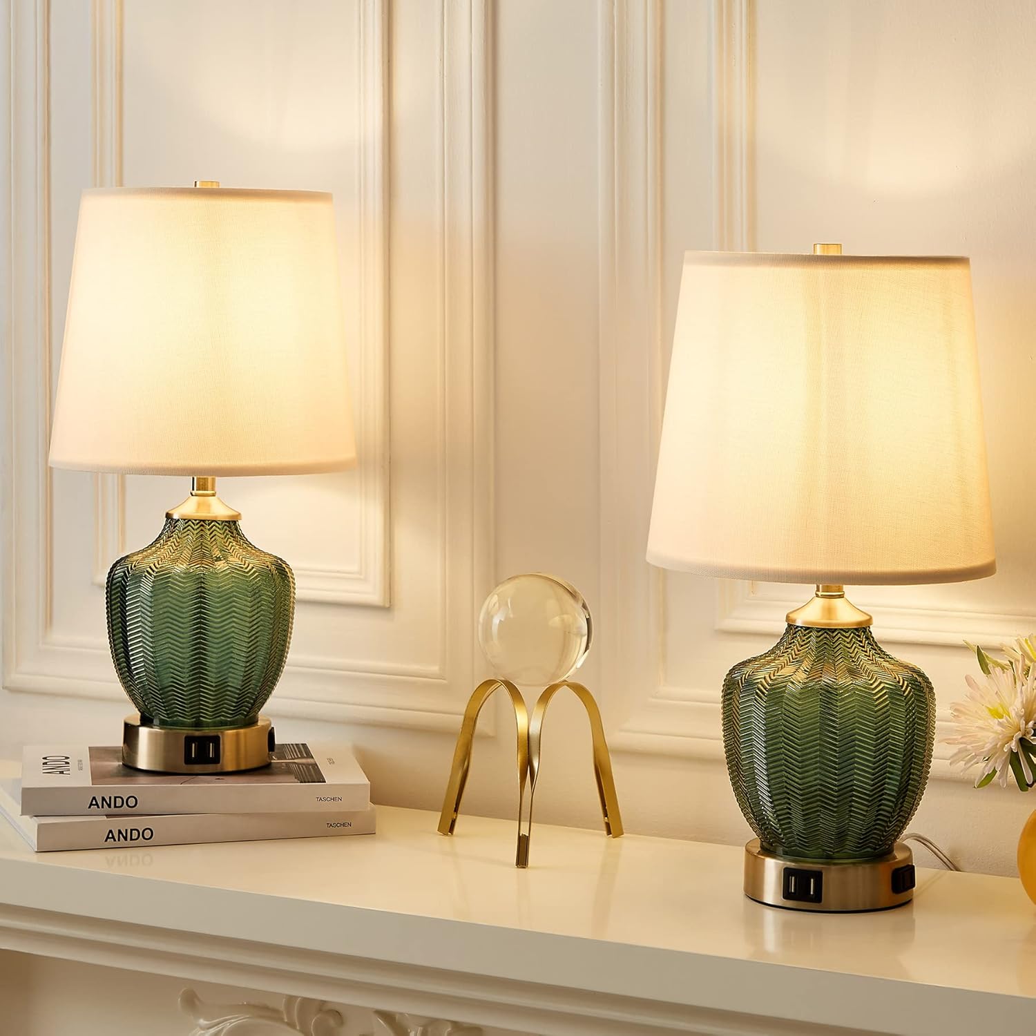 BYBLIGHT Modern Coastal Accent Table Lamp Set of 2, Blue Green Glass Bedside Lamp with 2 USB Ports and AC Outlet, 3 Way Dimmable Touch Control Nightstand Lamp for Bedroom, Living Room，Bulbs Included