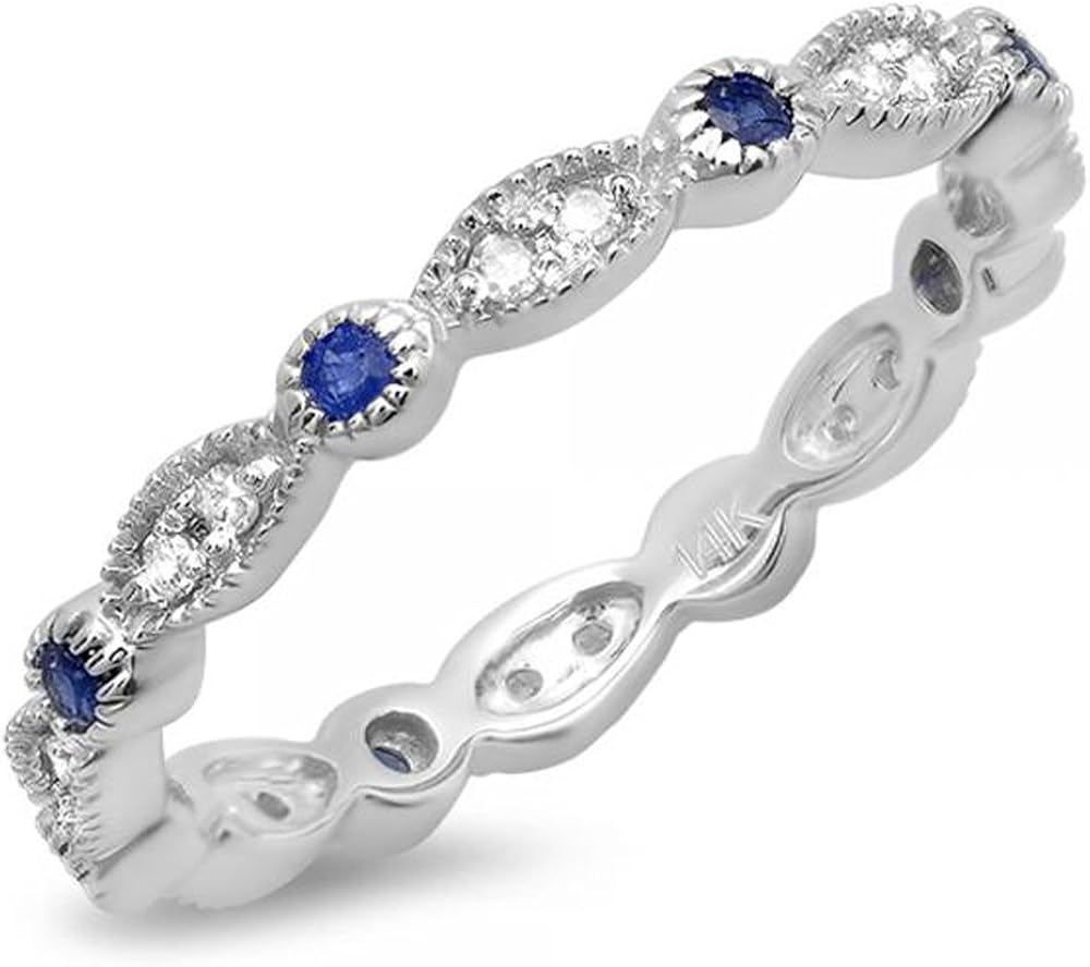 Dazzlingrock Collection 10K Gold Round Blue Sapphire and White Diamond Ladies Vintage Style Anniversary Wedding Stackable Ring