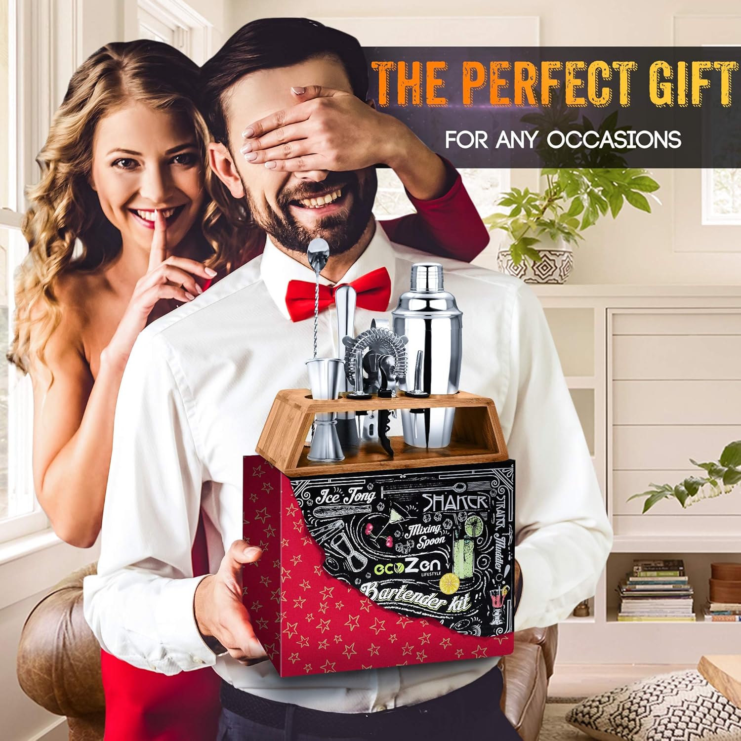 Cocktail Shaker Set Bartender Kit with Bar Mat and Elegant Wooden Stand | Premium Bar Set with Bartending kit and Mixing Tool | Best Gifts Ideas for Husband, Boyfriend, Dad and housewarming Pack of 2