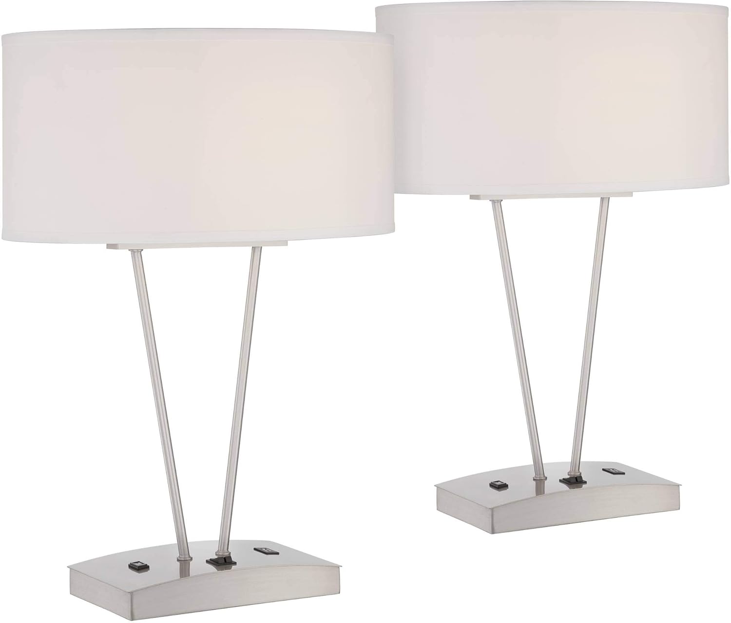 Leon Modern Minimalist Table Lamps Set of 2 with Hotel Style USB and AC Power Outlet in Base Silver White Oval Shade for Living Room Bedroom House Bedside Nightstand Home Office - Possini Euro Design