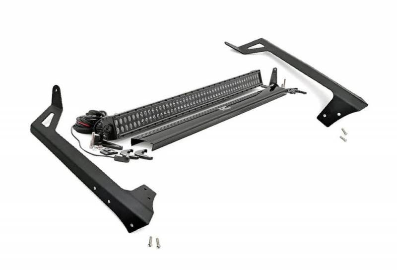 Rough Country 70504BLDRLA Jeep 50-Inch Straight LED Light Bar Upper Windshield Kit w/ 50in Black Series LED Light w/ Amber DRL 0