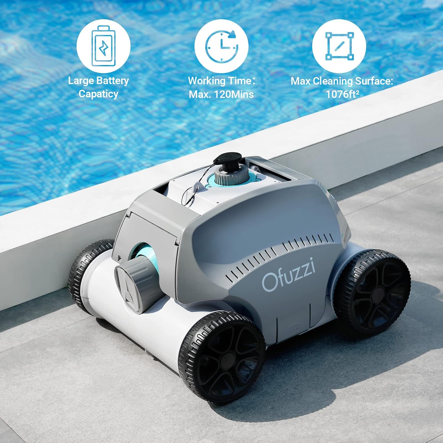 Ofuzzi Cordless Robotic Pool Cleaner, Max.120 Mins Runtime, Self-Parking, DIY Stickers Included, Automatic Pool Vacuum for All Above/Half Above Ground Pools Up to 1076ft&sup2; of Flat Bottom - Cyber