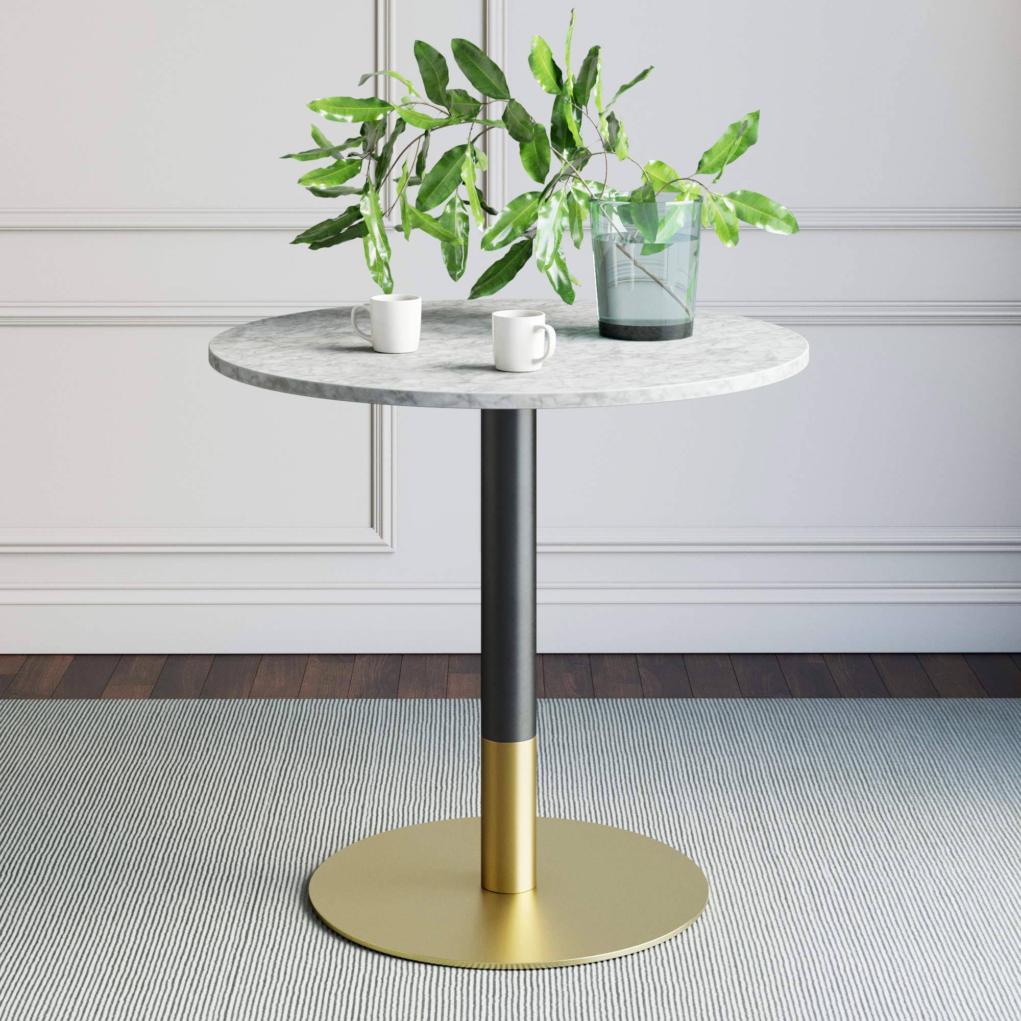 Nathan James Lucy White Carrara Faux Marble Table Top with Black and Gold Pedestal Base Modern Kitchen or Dining Table