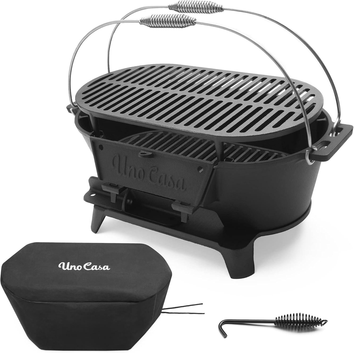 Uno Casa Hibachi Grill - Pre-Seasoned Small Charcoal Grill, Portable Charcoal Grill for Camping, Outdoors, Japanese Hibachi Grill with Double-Sided Grill Net - Waterproof Cover Included
