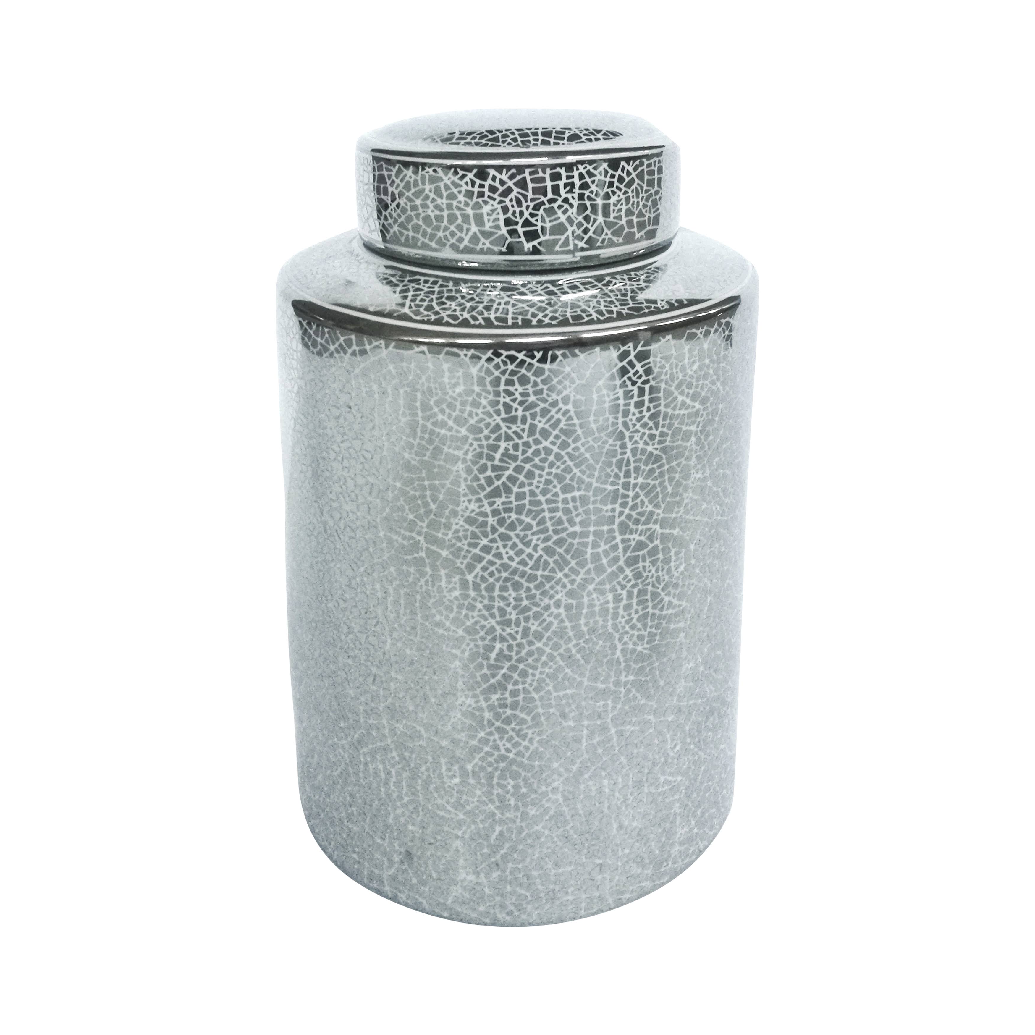 Sagebrook Home Ceramic 12x22 Jar, Crackle Silver
