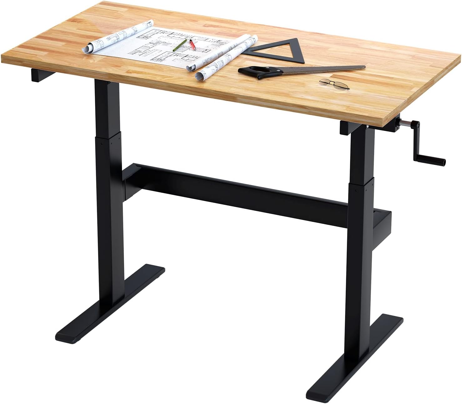 FLEXIMOUNTS Height-Adjustable Work Table with Crank Handle, 500-lb Capacity Rubberwood Top Garage Workbench and Sit-Stand Desk, Lift Range from 29.5 to 44.1 inch