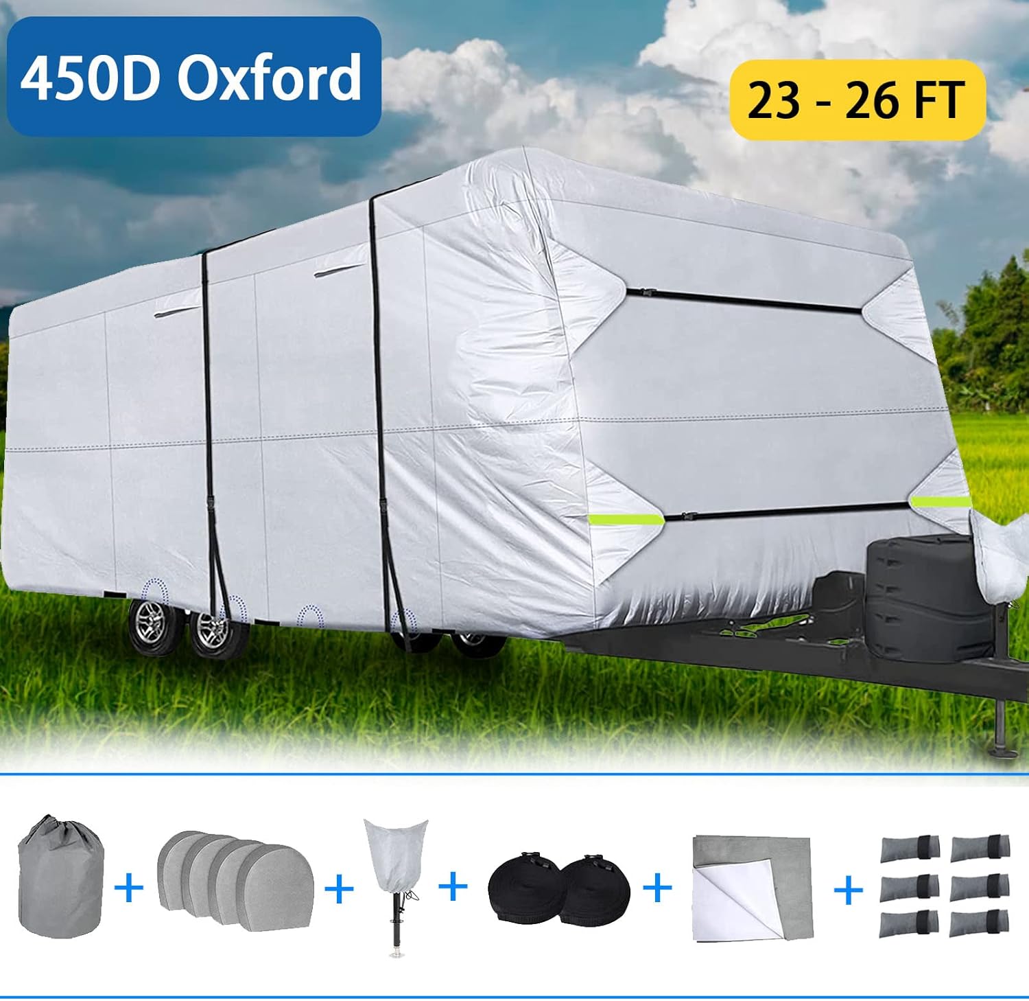 450D Top Double Oxford Cloth Travel Trailer RV Cover for 23-26ft Motorhome, Windproof Camper Cover, Anti-UV Prevent Top Tearing Waterproof with Lashing Straps, Gutter Cover, Tire Covers, Jack Cover