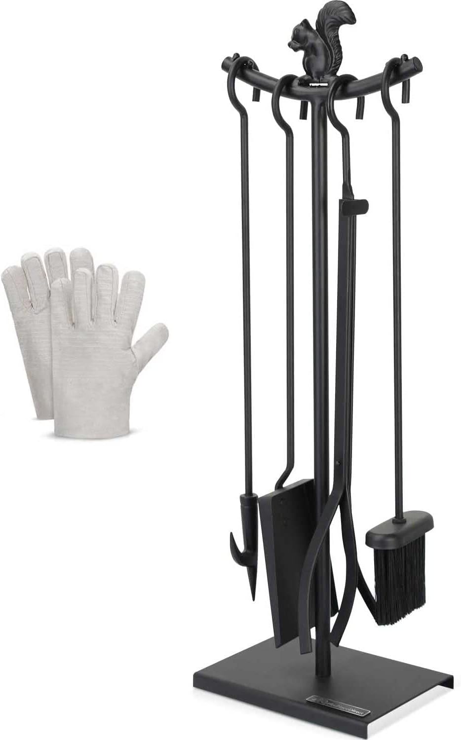 MYFIREPLACEDIRECT 5 Pieces Fireplace Tools Sets Strength Wrought Iron Indoor Outdoor Fire Place Toolset Hearth Accessories Kit (Black Squirrel w/Gloves)