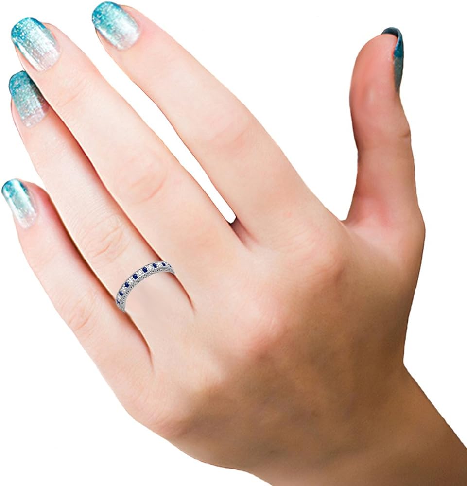 14K Gold Round Blue Sapphire & White Diamond Millgrain Wedding Stackable Band