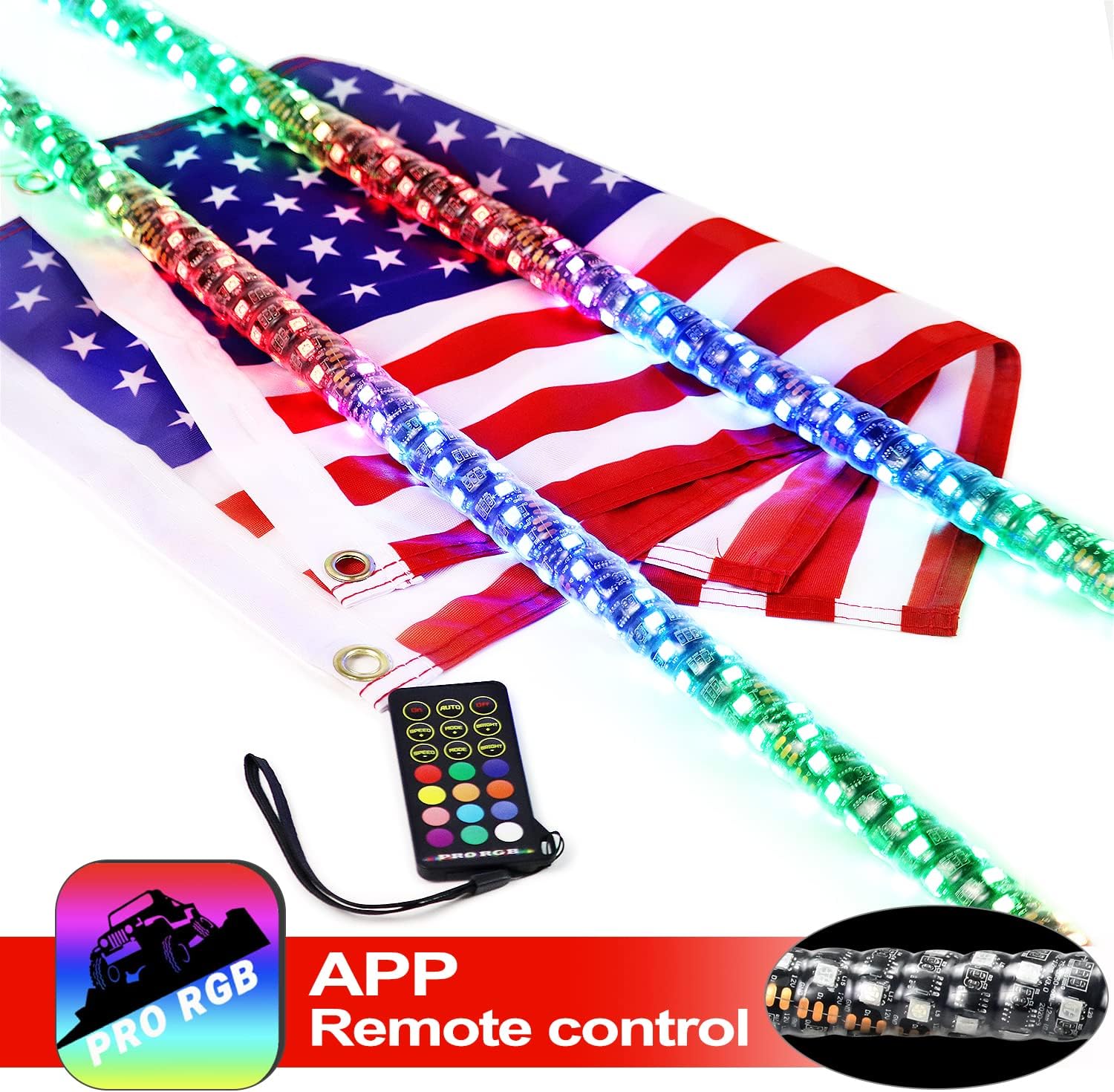 Yiswhis Seamless Spiral Wrapped 2PCS 4FT(1.2M) Lighted Whips with Dacning/Chasing and Can Controlled by Remote and app Simultaneously with Lock Function