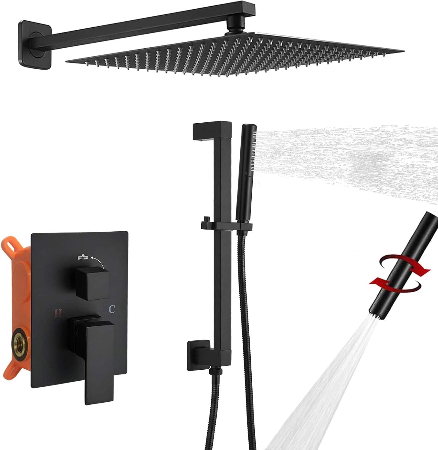 BESy Shower System with Adjustable Angle Slide Bar, 12 Inch Rain Shower Head and Wand Wall Mounted, Rainfall Shower Faucet Fixture Combo Set, 2 in 1 Handheld Showerhead for Bathroom, Matte Black