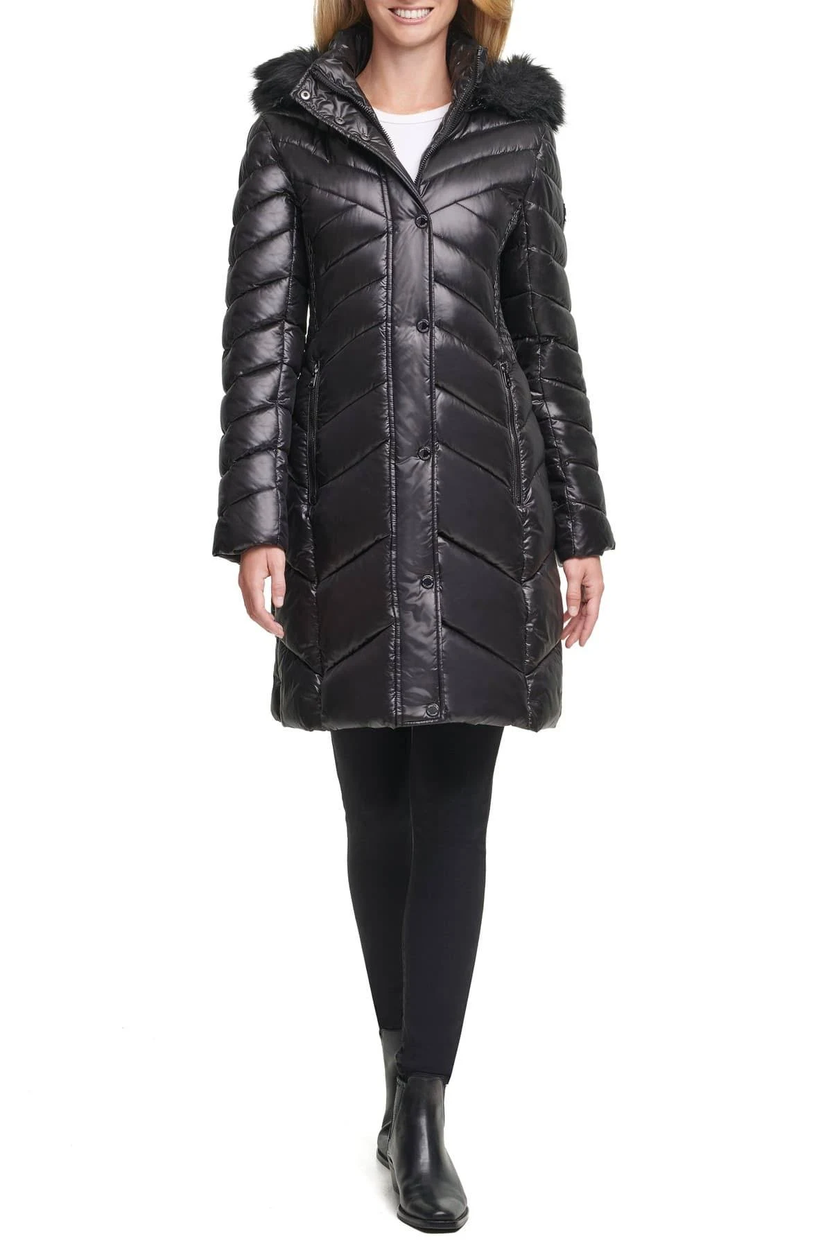 Kenneth Cole Faux-Fur-Trim Hooded Puffer Coat 10996012 - S / Black