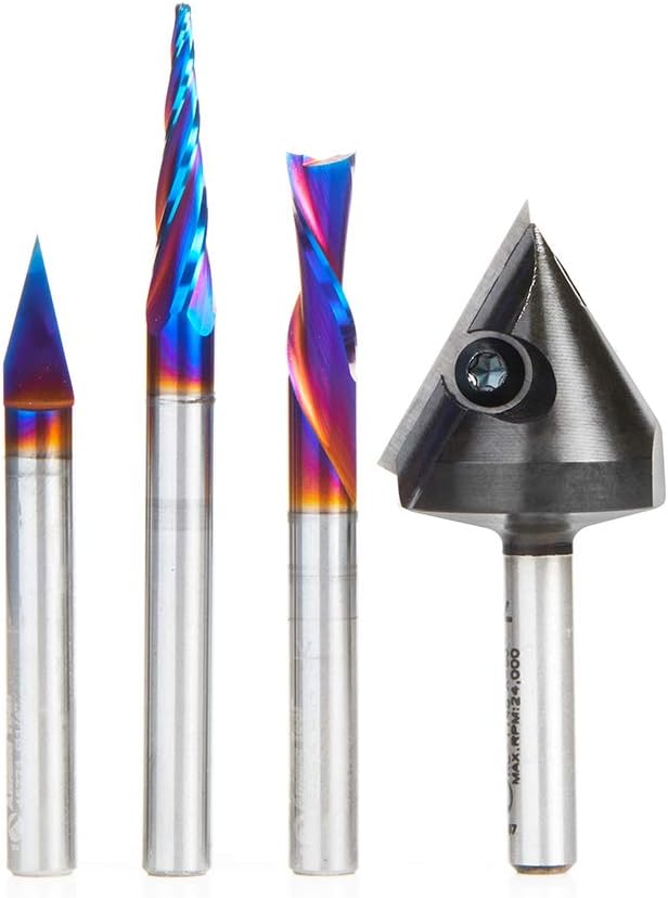 Amana Tool AMS-102 X-Carve 4-Pc CNC Router Bit Starter Pack 1/4 Inch Shank