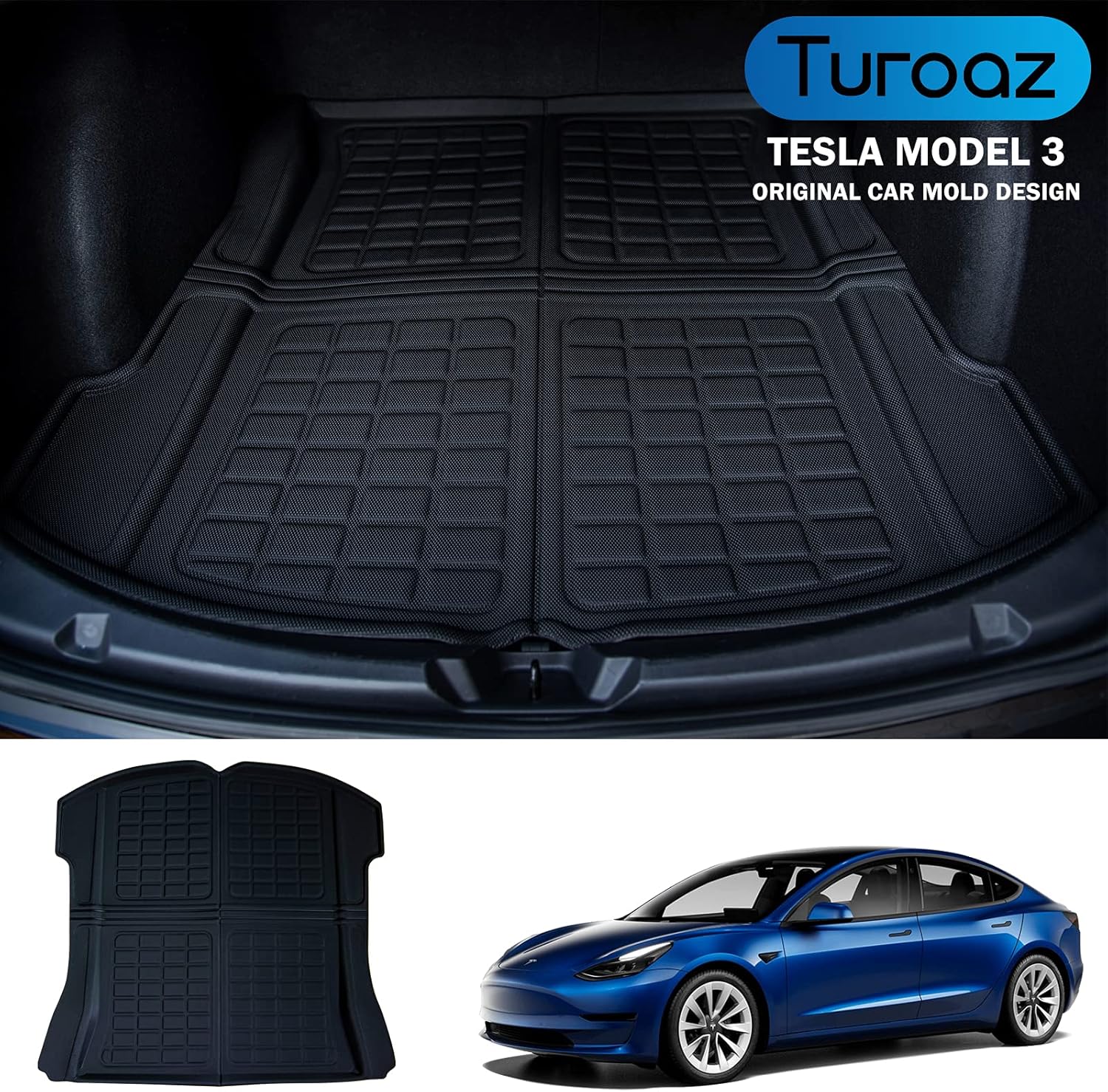TUROAZ All Weather Rear Trunk Mat Compatible with Tesla Model 3 2022 - 2017, Anti-Slip Waterproof Cargo Liner, Custom Fit Rear Trunk Liner, Trunk Tray Liner Cargo Mat, Car Interior Accessories (Black) Pack of 2