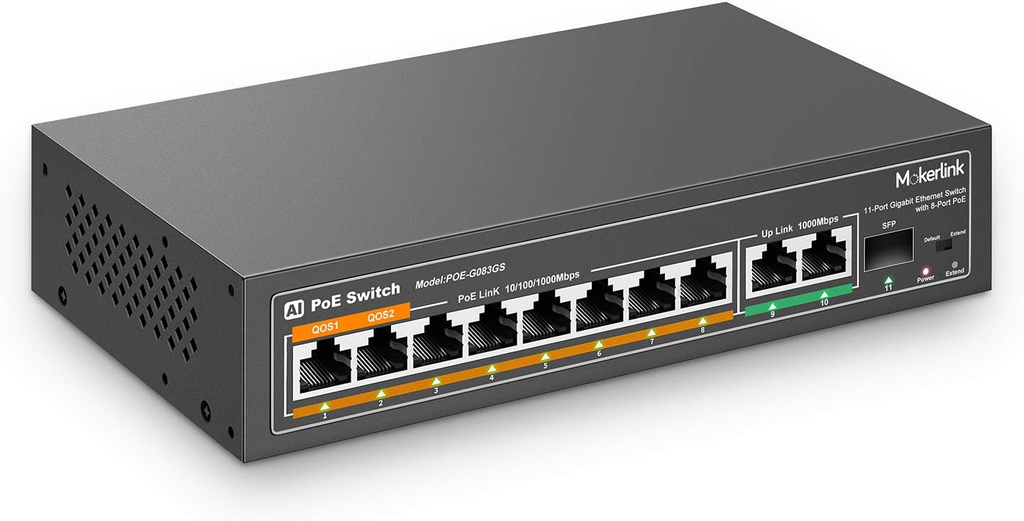 MokerLink 11 Port Gigabit PoE Switch with 8 PoE+ Port, 2 Gigabit Uplink, 1 SFP Port, 120W AI Detection, Qos, Fanless Metal Plug & Play Network Switch Pack of 2