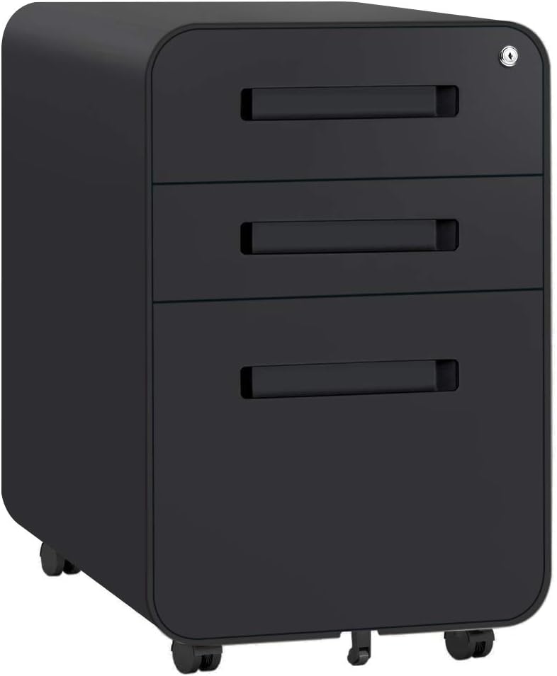 3 Drawer Mobile File Cabinet with Lock Under Desk Office Drawers Metal Filing Cabinet for Legal Letter Files Anti-tilt Design Office Rolling File Cabinet Fully Assembled (Black)