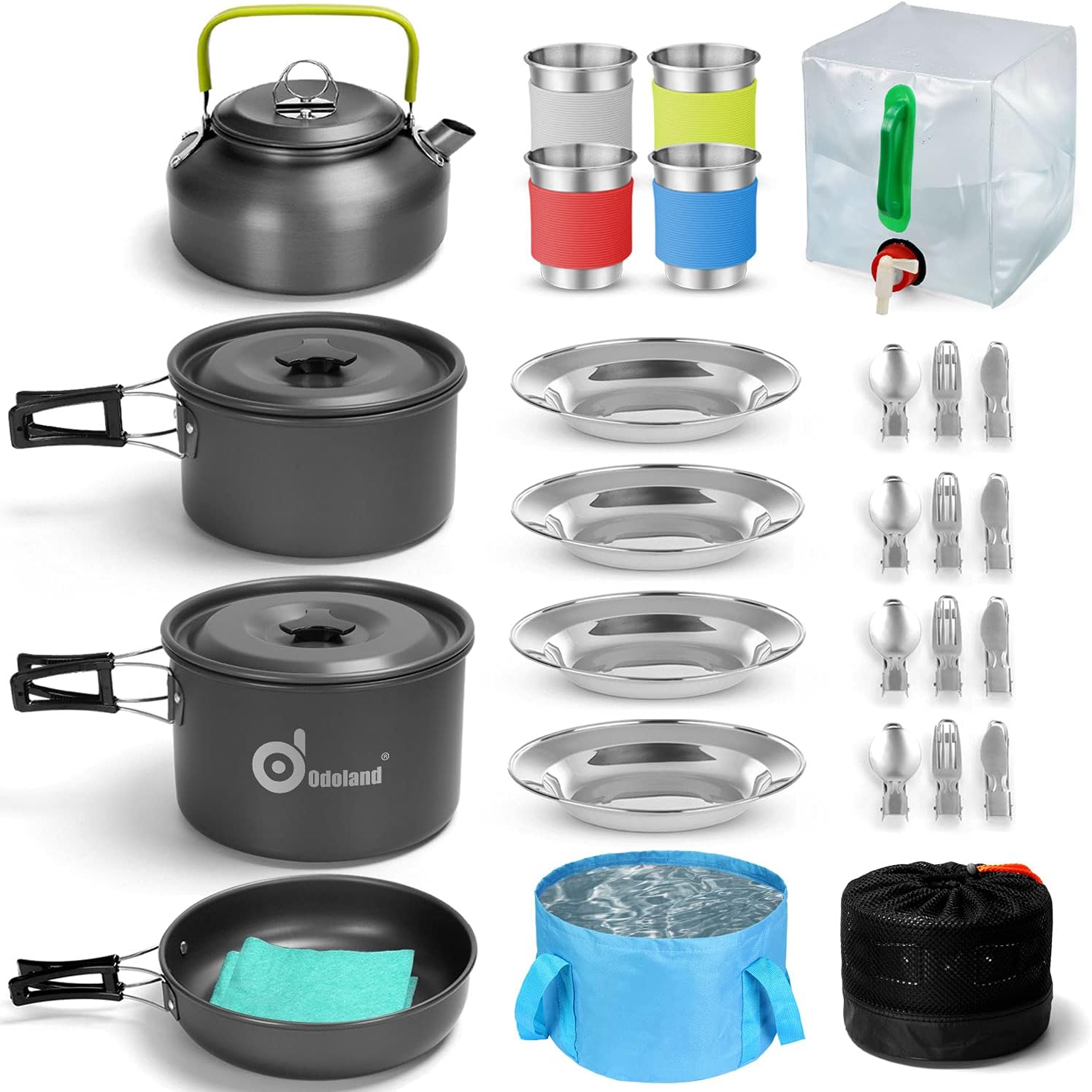 Odoland 29pcs Camping Cookware Mess Kit, Non-Stick Lightweight Pots Pan Kettle, Collapsible Water Container and Bucket, Stainless Steel Cups Plates Forks Knives Spoons for Outdoor Backpacking Picnic