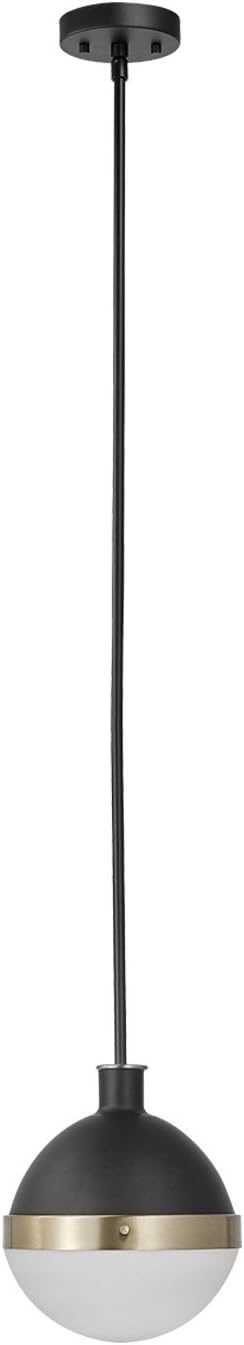 Globe Electric 65773 Bari 1-Light Pendant, Black, Matte Finish, Brass Accents, Half Opal Glass Shade, 0
