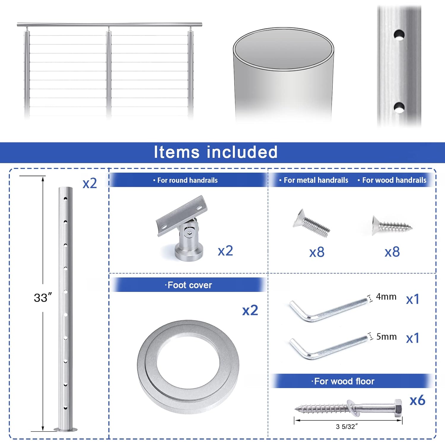 Muzata 2Pack Cable Railing Post Round 36