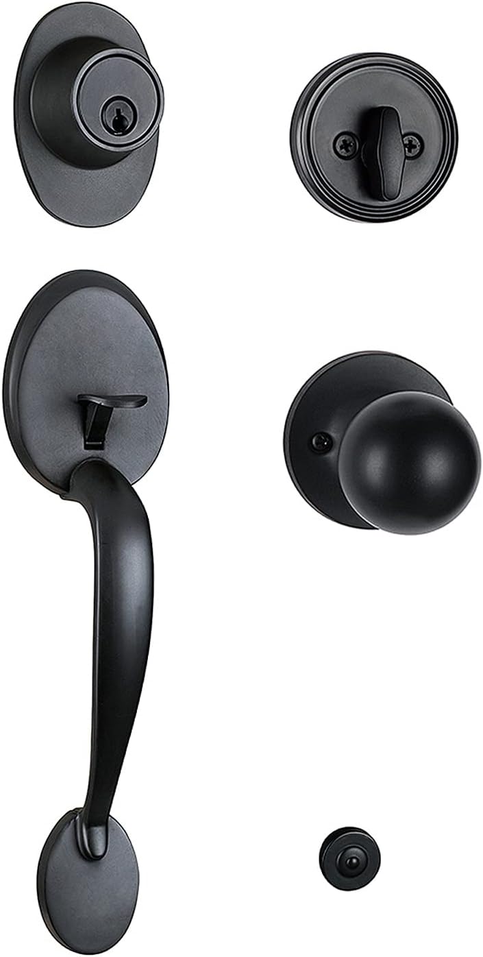 Iron Black Front Double Door Handleset Front Entry Door Handle with Knob and Single Cylinder Deadbolt1998DB Handleset (Keyed and Dummy handleset(2PCS))
