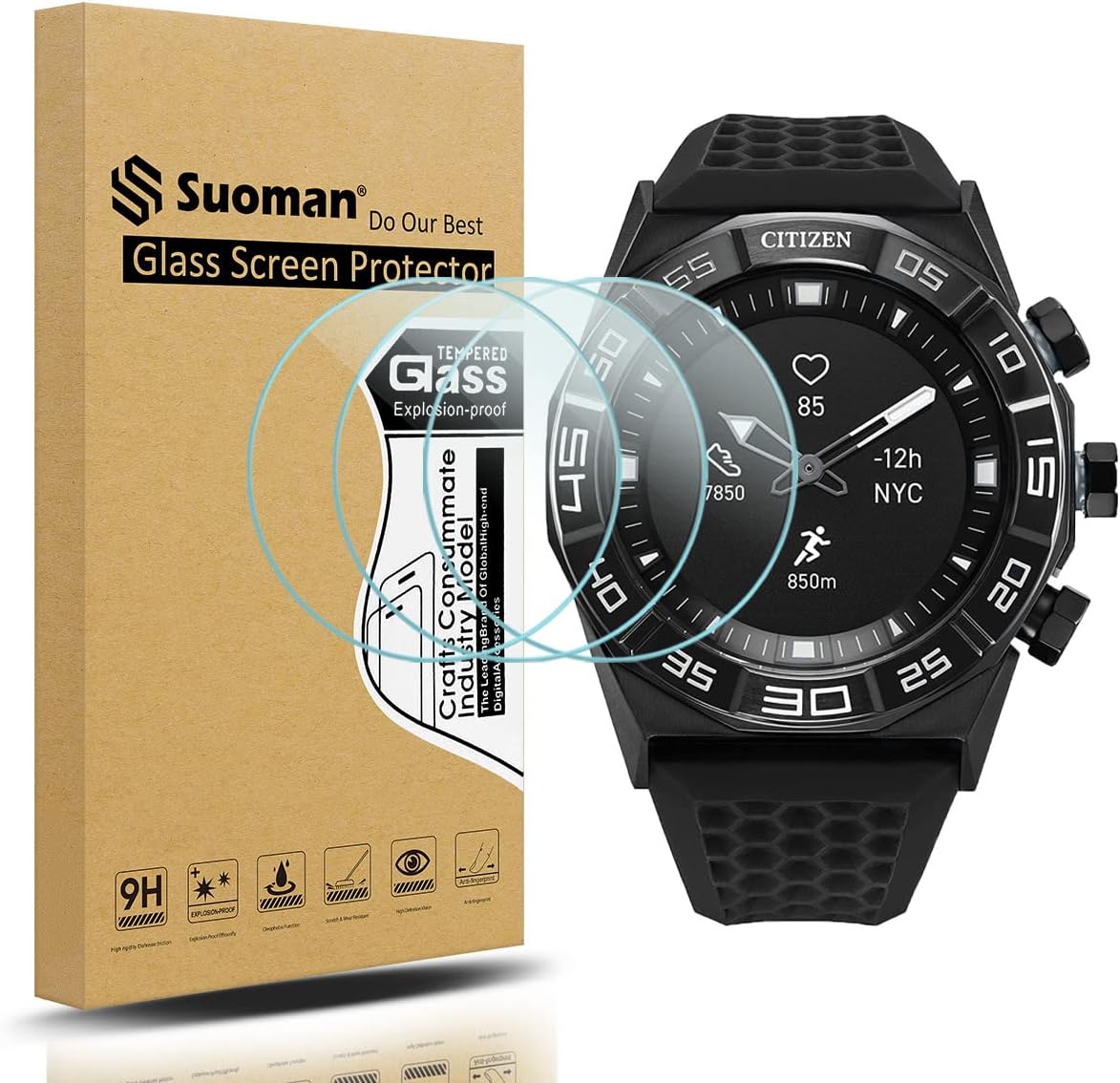 Suoman 3-Pack for Citizen CZ Smart Hybrid Screen Protector Tempered Glass, for Citizen CZ Smart Hybrid Smartwatch Screen Protector [Anti-Scratch]