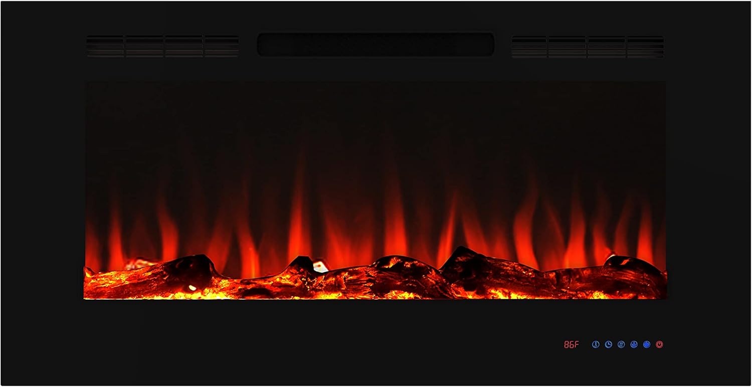 Benrocks 42 Inches Electric Recessed Fireplace with 750/1500 Watt Heater, Overheating Protection, Logset & Crystal, Adjustable Flame and Temperature by Touch Panel & Remote