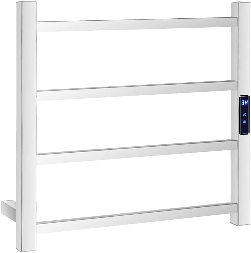 VINGLI Towel Warmer Rack Home Bathroom 4 Square Bars Cloth Towel Dryer with Built-in Timer Temperature Control Wall Mounted Plug in Electric Heated Towel Rack with LED Display Space Saving