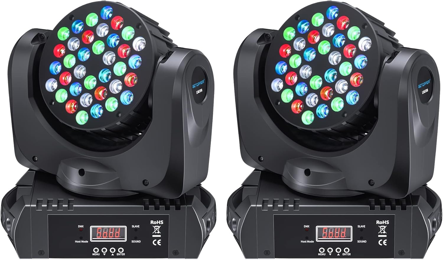 BETOPPER Stage Lights, 36x3W LED Wash Lights RGBW, DMX/Sound Activated DJ Lights, Moving Head Lights for DJ Show, Bar, KTV, Disco, Party Lighting (2 Packs)