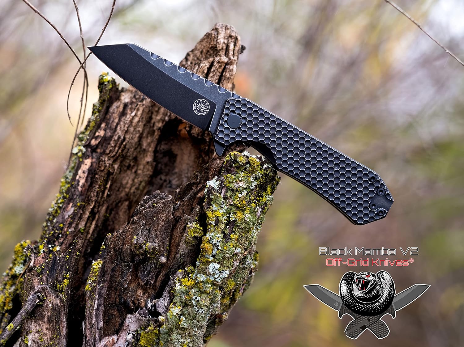 Off-Grid Knives - Black Mamba V2 - Bohler M390 Super Steel Blade, 6AL4V Titanium Scales, Ceramic Ball Bearing Flipper Knife, Brushed DLC, Open Back Design, Deep Pocket Carry